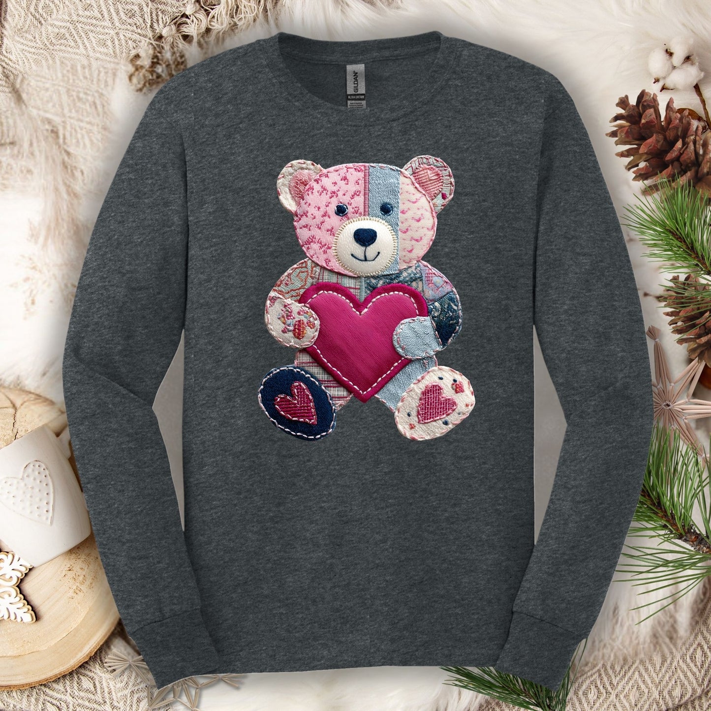 Faux Patchwork Valentine's Teddy Bear Long Sleeve Tee