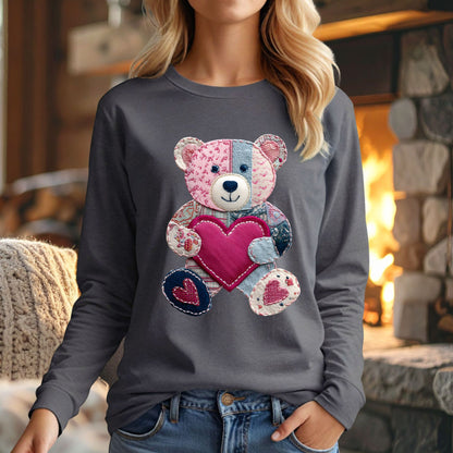 Faux Patchwork Valentine's Teddy Bear Long Sleeve Tee