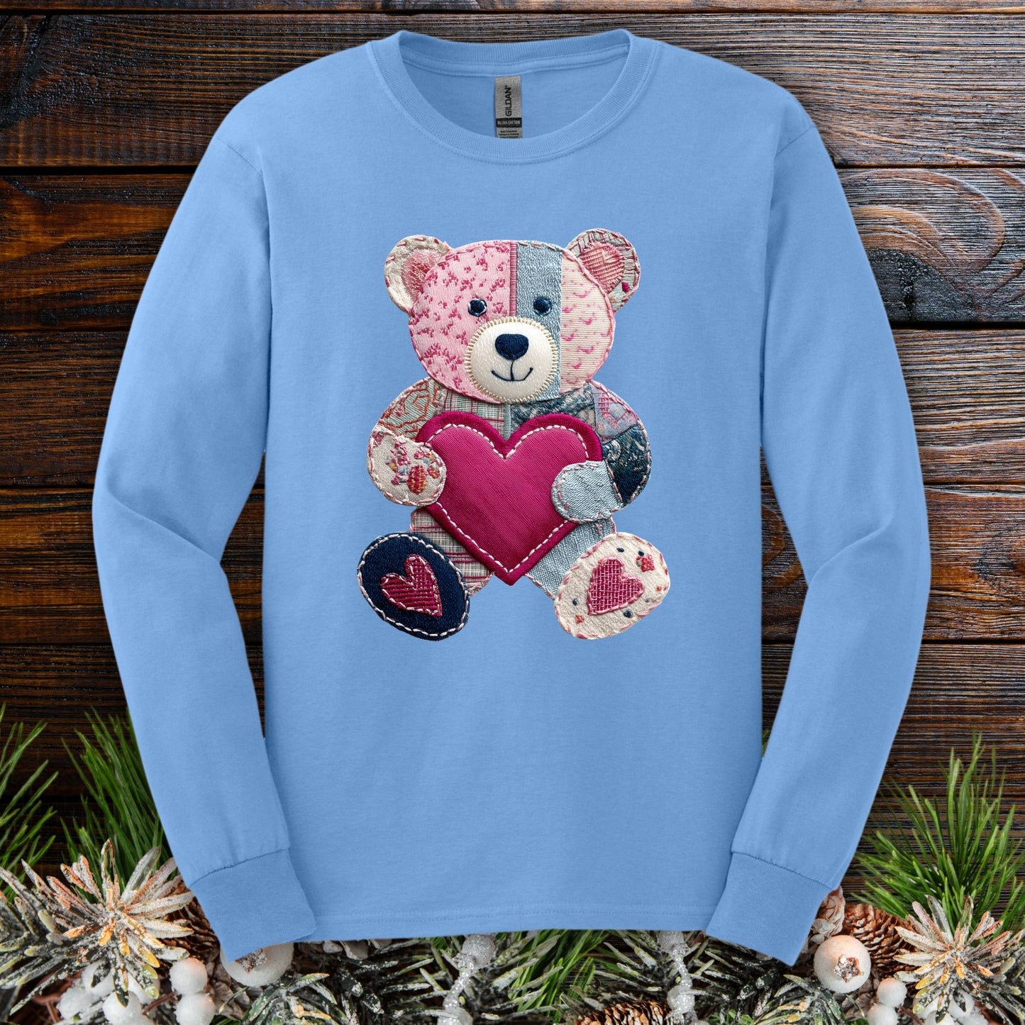Faux Patchwork Valentine's Teddy Bear Long Sleeve Tee