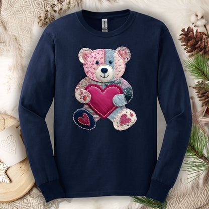 Faux Patchwork Valentine's Teddy Bear Long Sleeve Tee