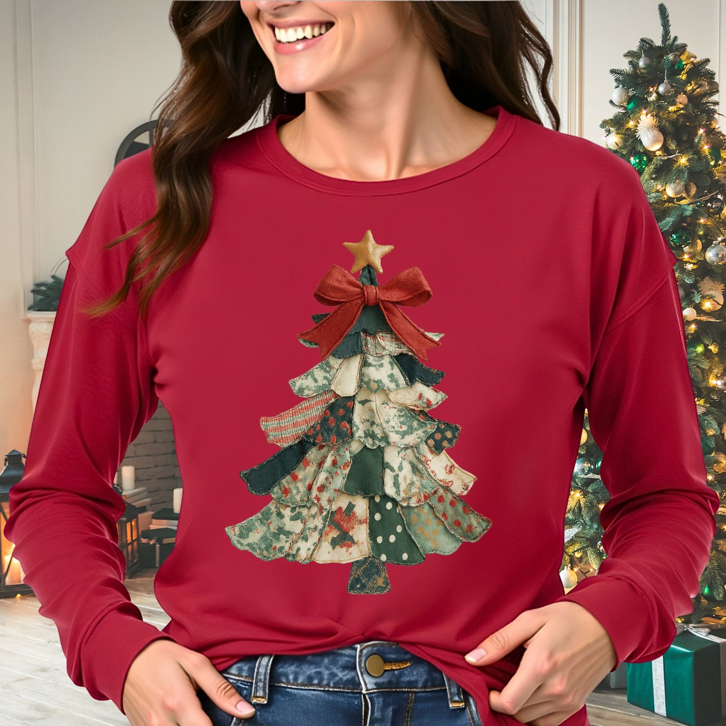 Faux Preppy Patchwork Christmas Tree Long Sleeve Tee