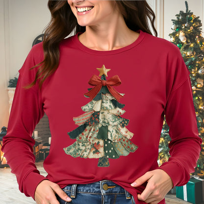 Faux Preppy Patchwork Christmas Tree Long Sleeve Tee