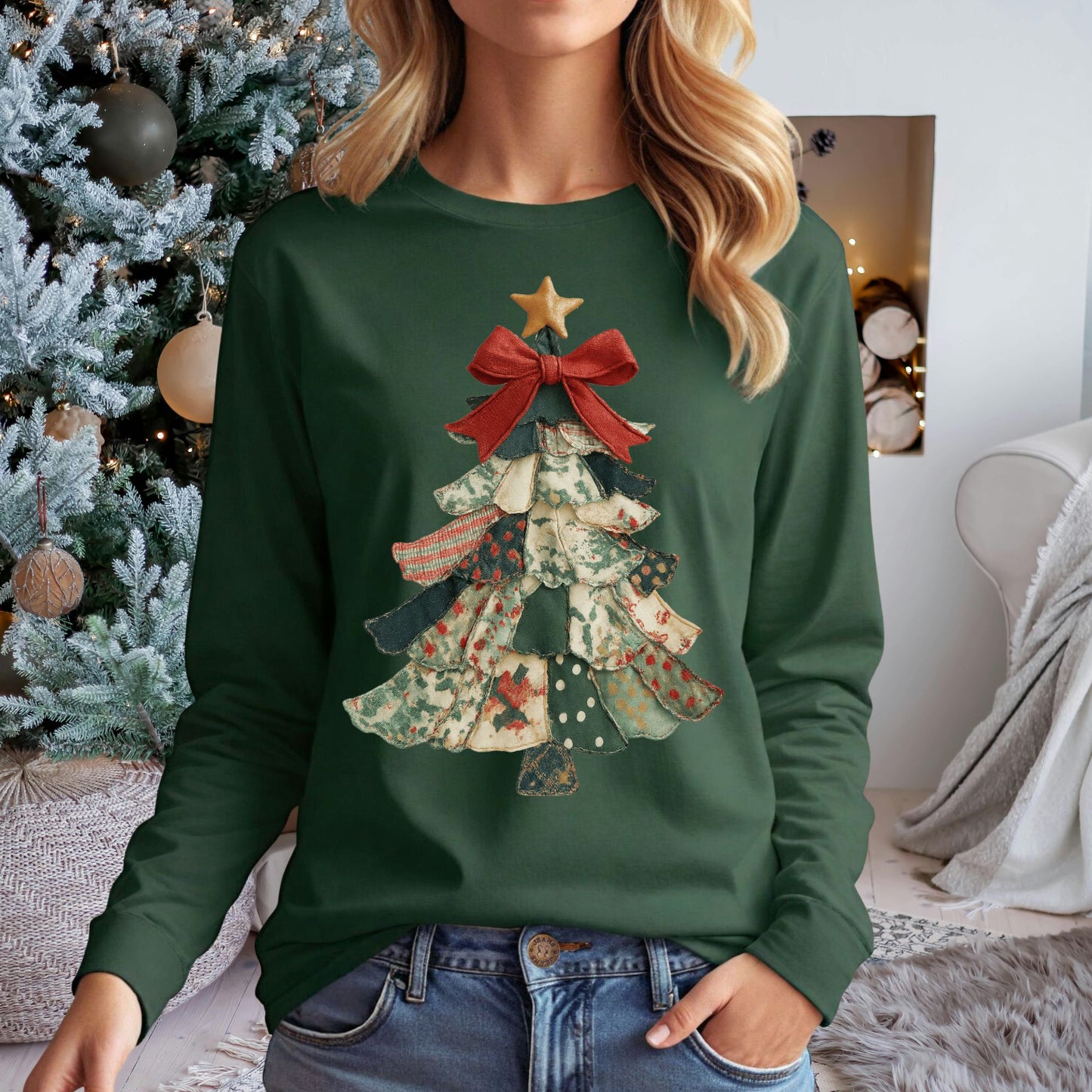 Faux Preppy Patchwork Christmas Tree Long Sleeve Tee