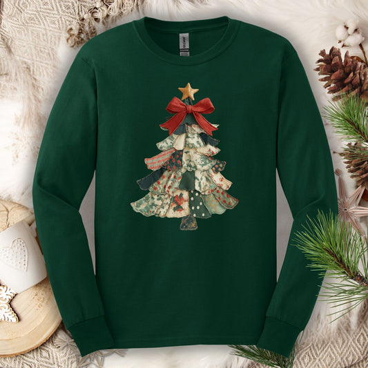 Forest Green long sleeve tee with a vintage patchwork Christmas tree design and red bow.