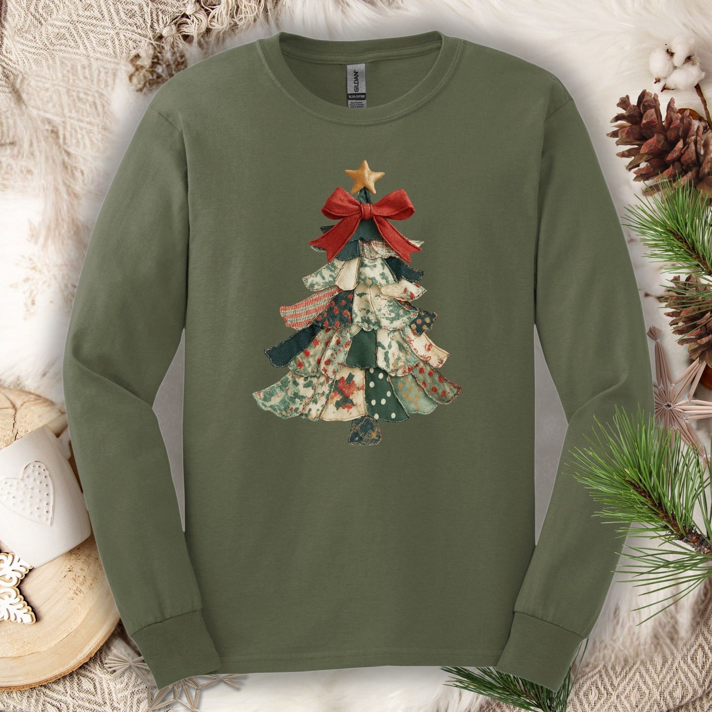 Military Green long sleeve tee with a vintage patchwork Christmas tree design and red bow.