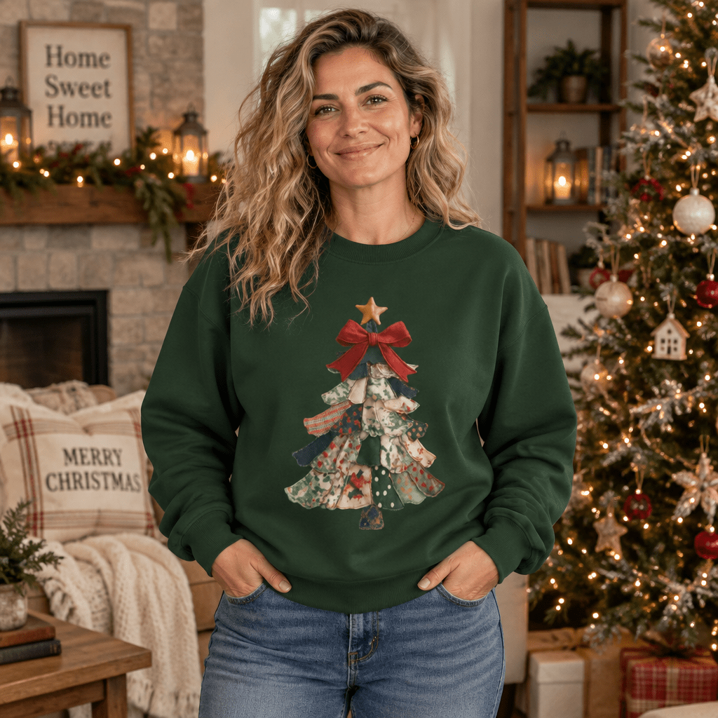 Faux Preppy Patchwork Christmas Tree Sweatshirt