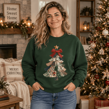 Faux Preppy Patchwork Christmas Tree Sweatshirt