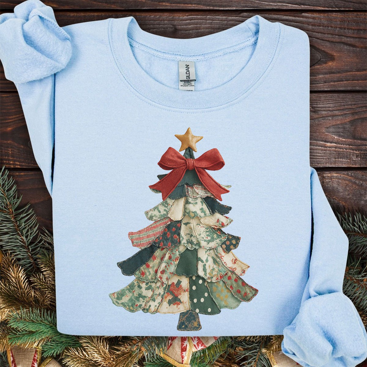 Faux Preppy Patchwork Christmas Tree Sweatshirt