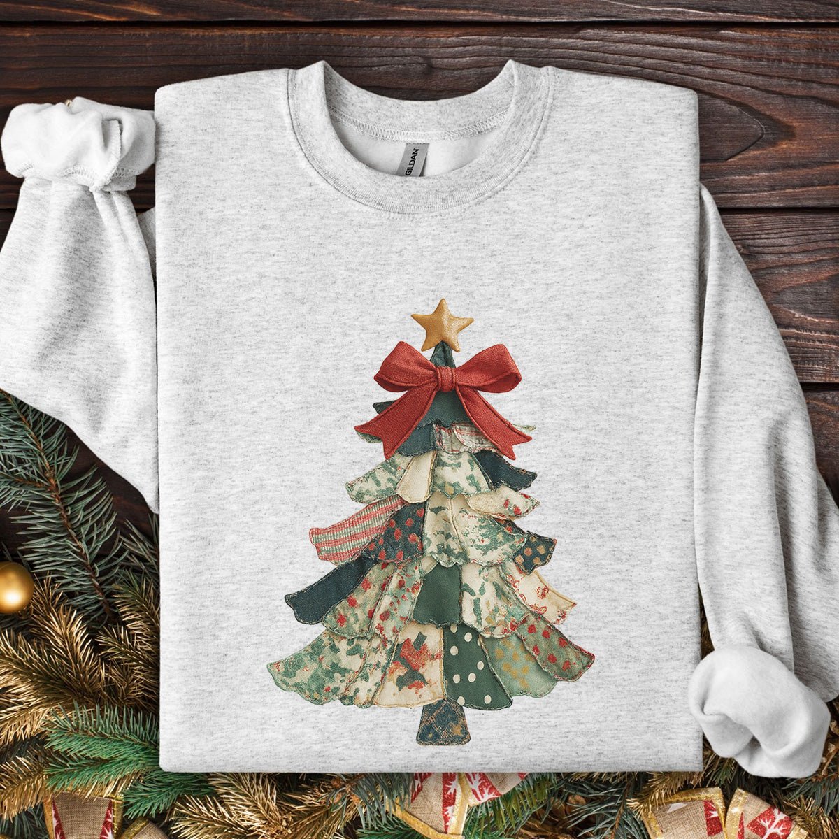 Faux Preppy Patchwork Christmas Tree Sweatshirt