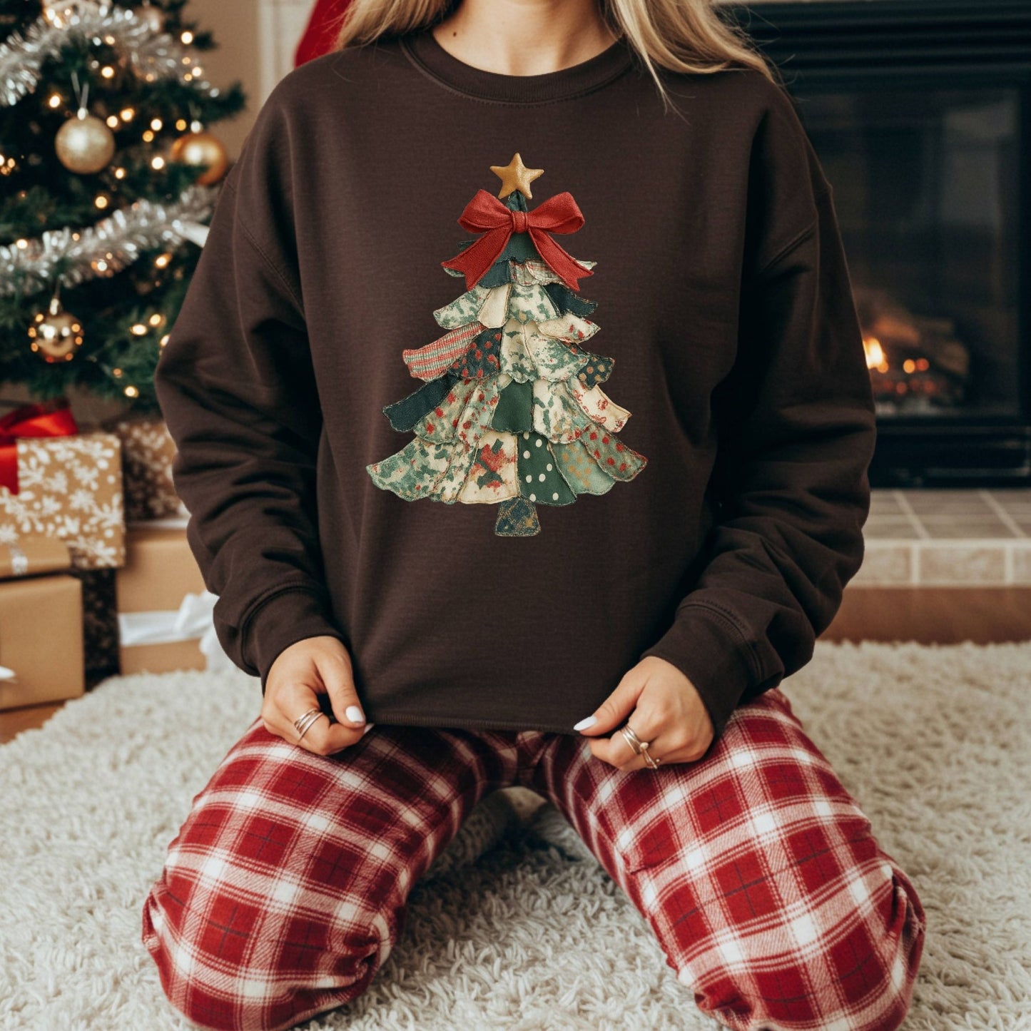 Faux Preppy Patchwork Christmas Trees Sweatshirt