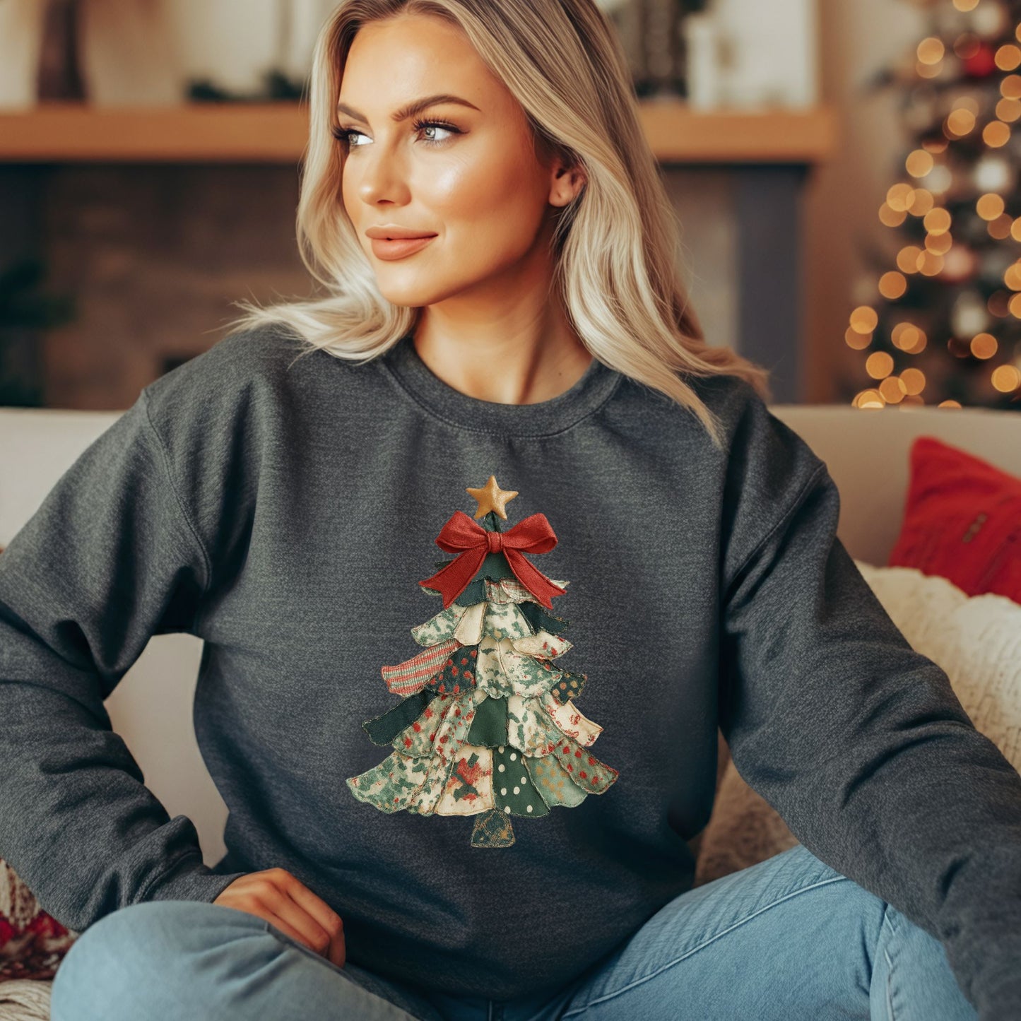Faux Preppy Patchwork Christmas Trees Sweatshirt