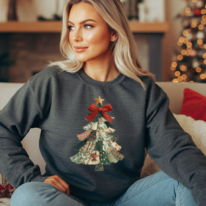 Faux Preppy Patchwork Christmas Trees Sweatshirt