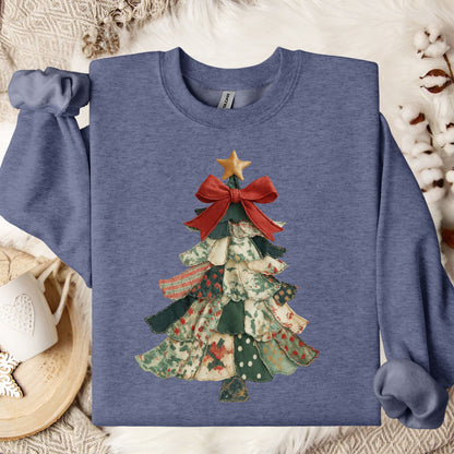 Heather Sport Dark Navy sweatshirt with a vintage-inspired patchwork Christmas tree design and red bow.