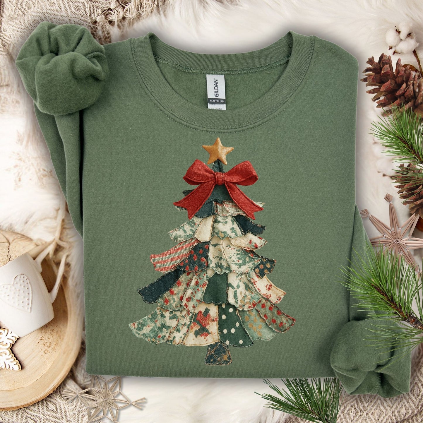 Military Green Faux Preppy Patchwork Christmas Trees Sweatshirt, S, with a vintage-inspired quilted-style tree design.