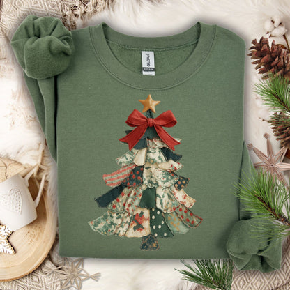 Military Green Faux Preppy Patchwork Christmas Trees Sweatshirt, S, with a vintage-inspired quilted-style tree design.
