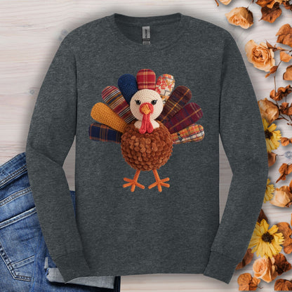 Dark Heather long sleeve tee with a faux patchwork and hook yarn turkey design.