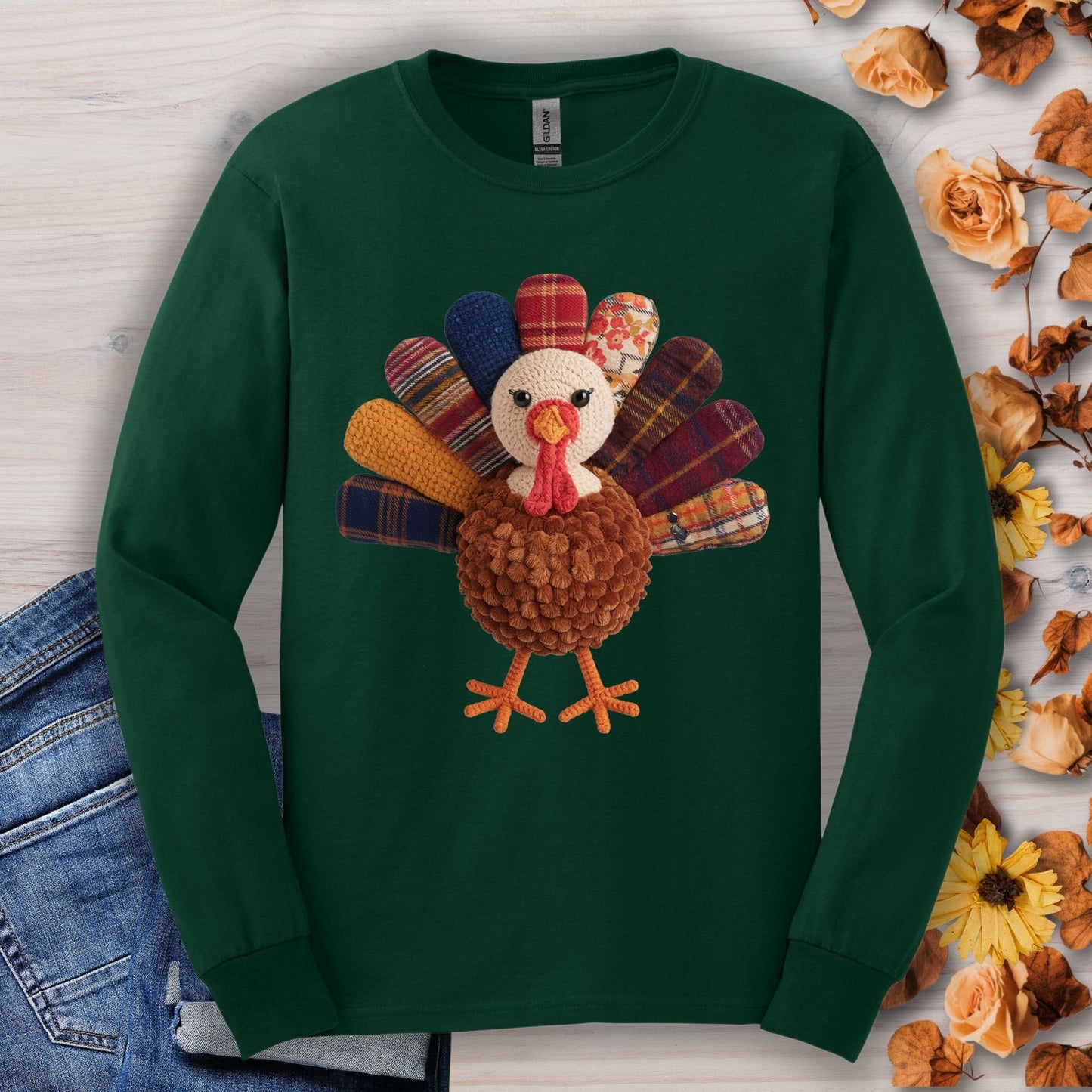 Forest Green long sleeve tee with a faux patchwork turkey and hook yarn body.