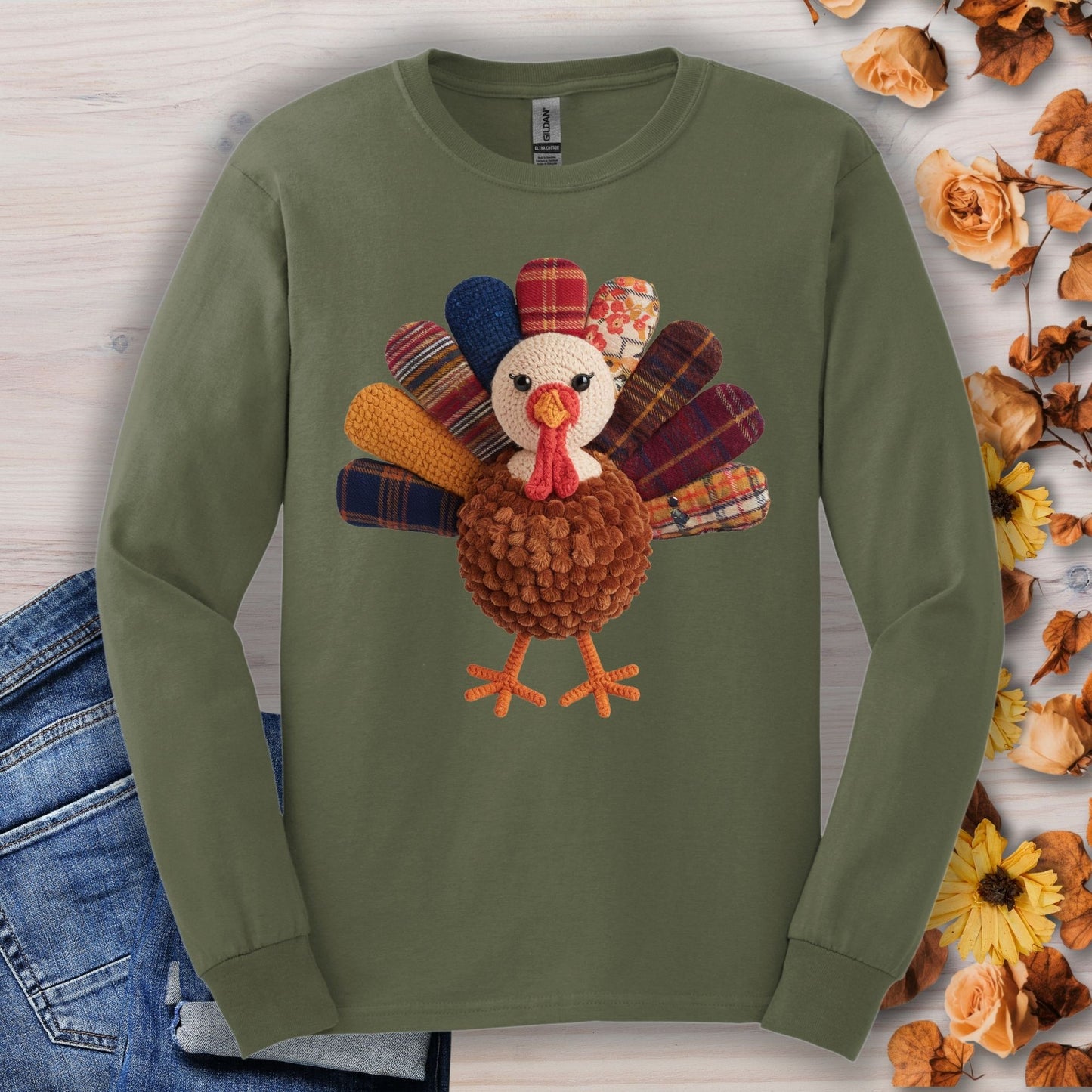 Military Green long sleeve tee with a faux patchwork turkey and hook yarn body.