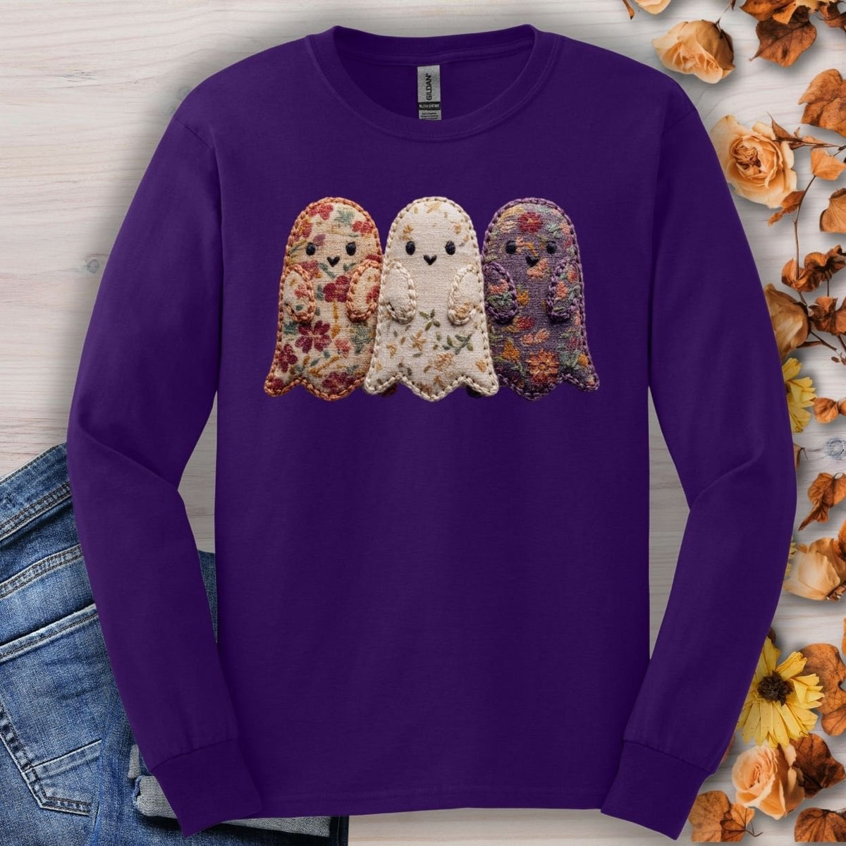 Faux Quilted Ghost Trio Long Sleeve Tee