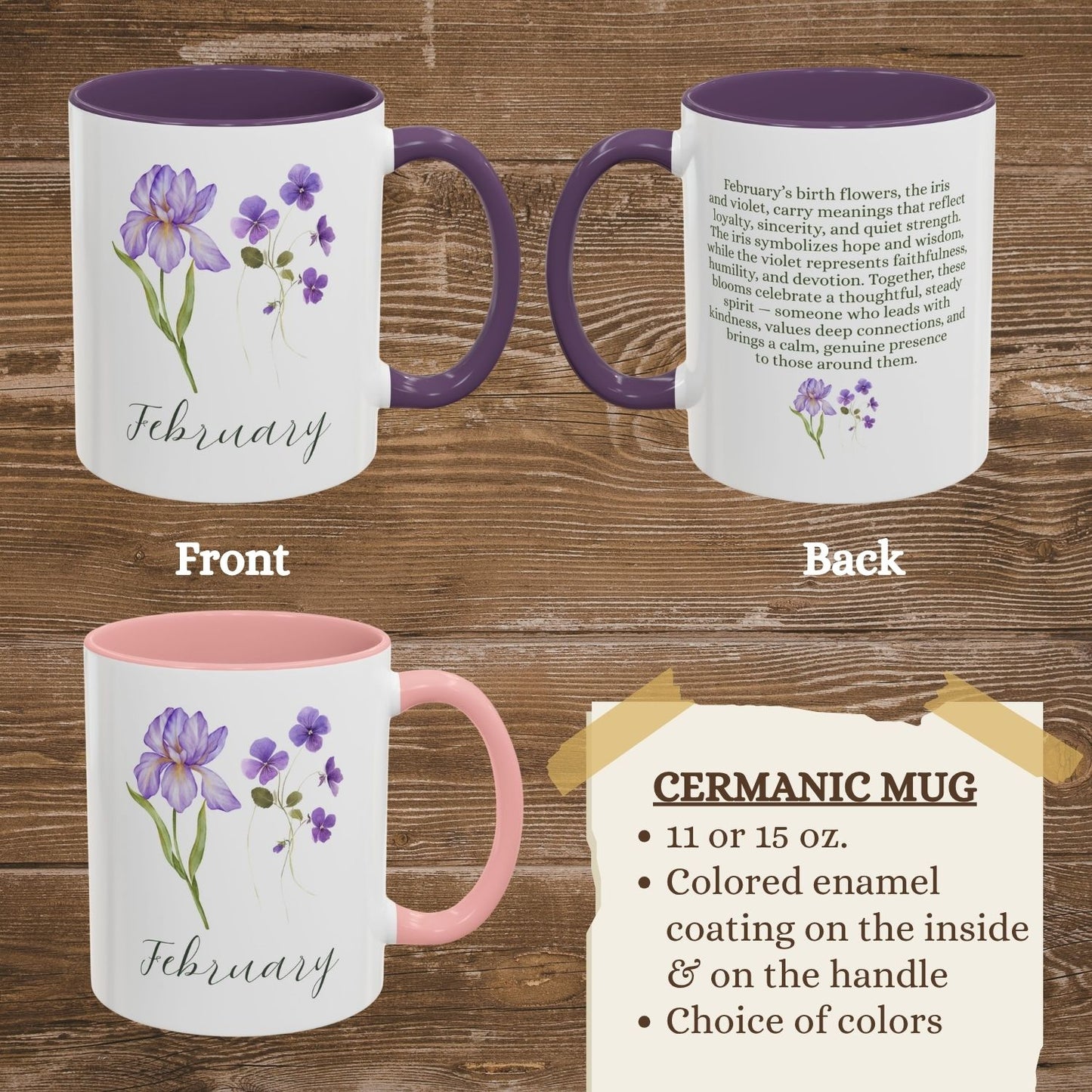White ceramic mugs with purple or pink enamel interiors and handles, featuring February birth flowers (iris and violet) and descriptive text.