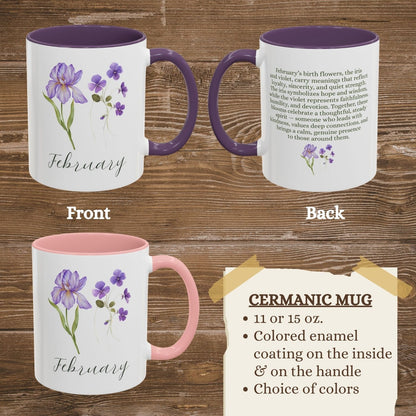 White ceramic mugs with purple or pink enamel interiors and handles, featuring February birth flowers (iris and violet) and descriptive text.
