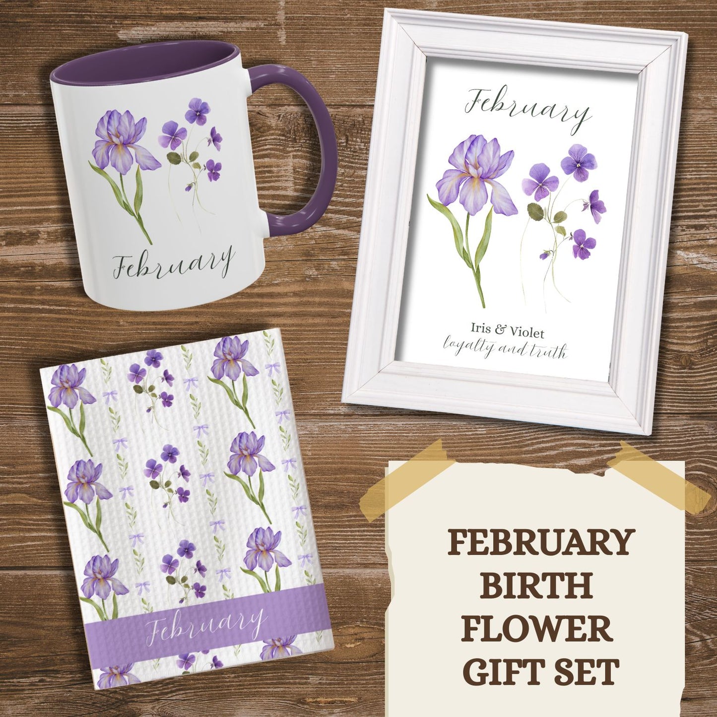 February birth flower gift set with white mug, tea towel, and framed art print featuring purple iris and violet flowers.