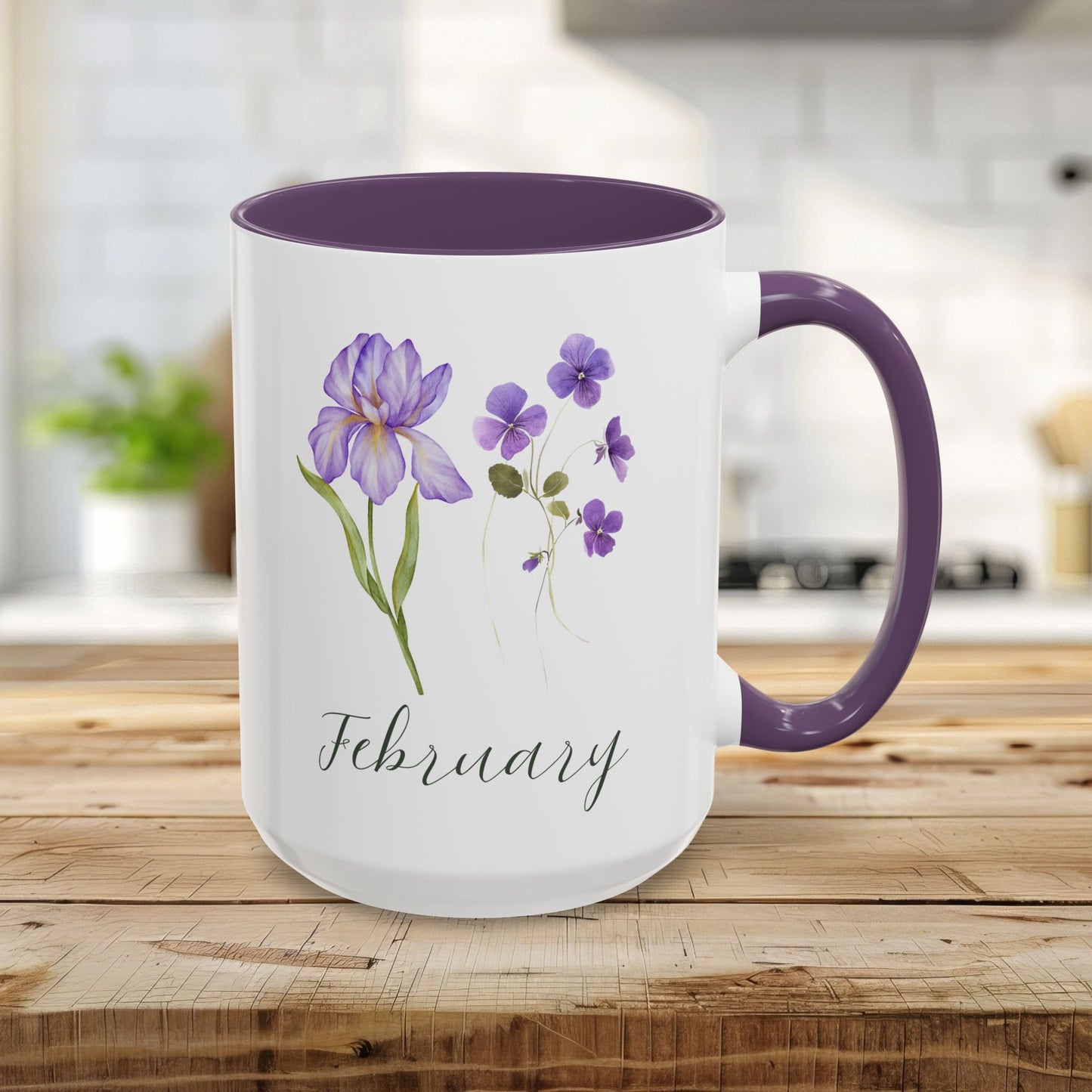 White 15oz ceramic mug with purple interior and handle, featuring watercolor iris and violet blooms and "February" text.