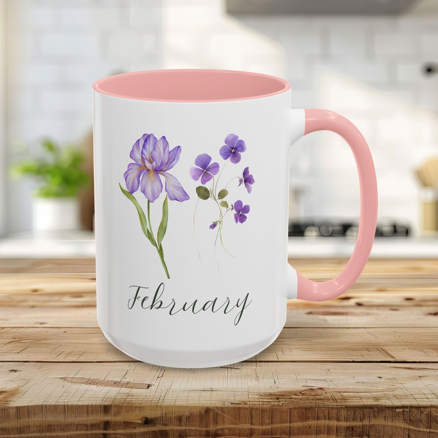 15oz white ceramic mug with pink interior/handle, featuring watercolor iris and violet blooms, and "February" text.