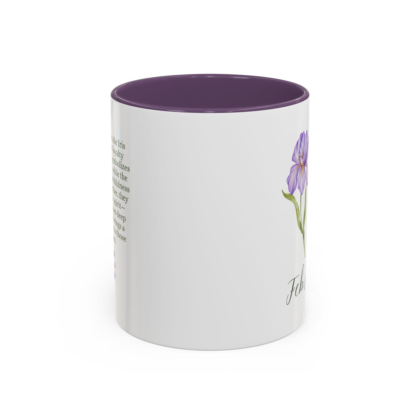 White ceramic mug with purple interior and handle, featuring watercolor iris and "February" text.