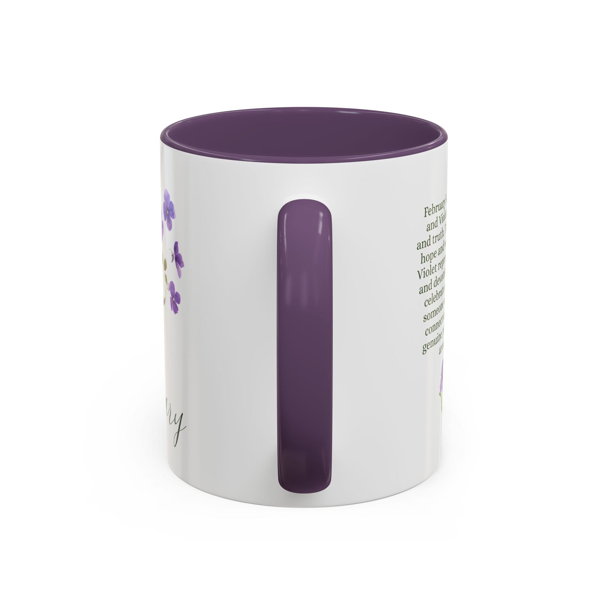 White ceramic mug with a purple interior and handle, featuring delicate watercolor iris and violet blooms.