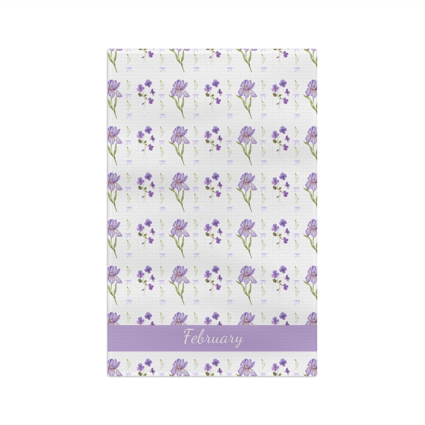Microfiber tea towel with watercolor purple irises and violets, "February" in a lavender band.