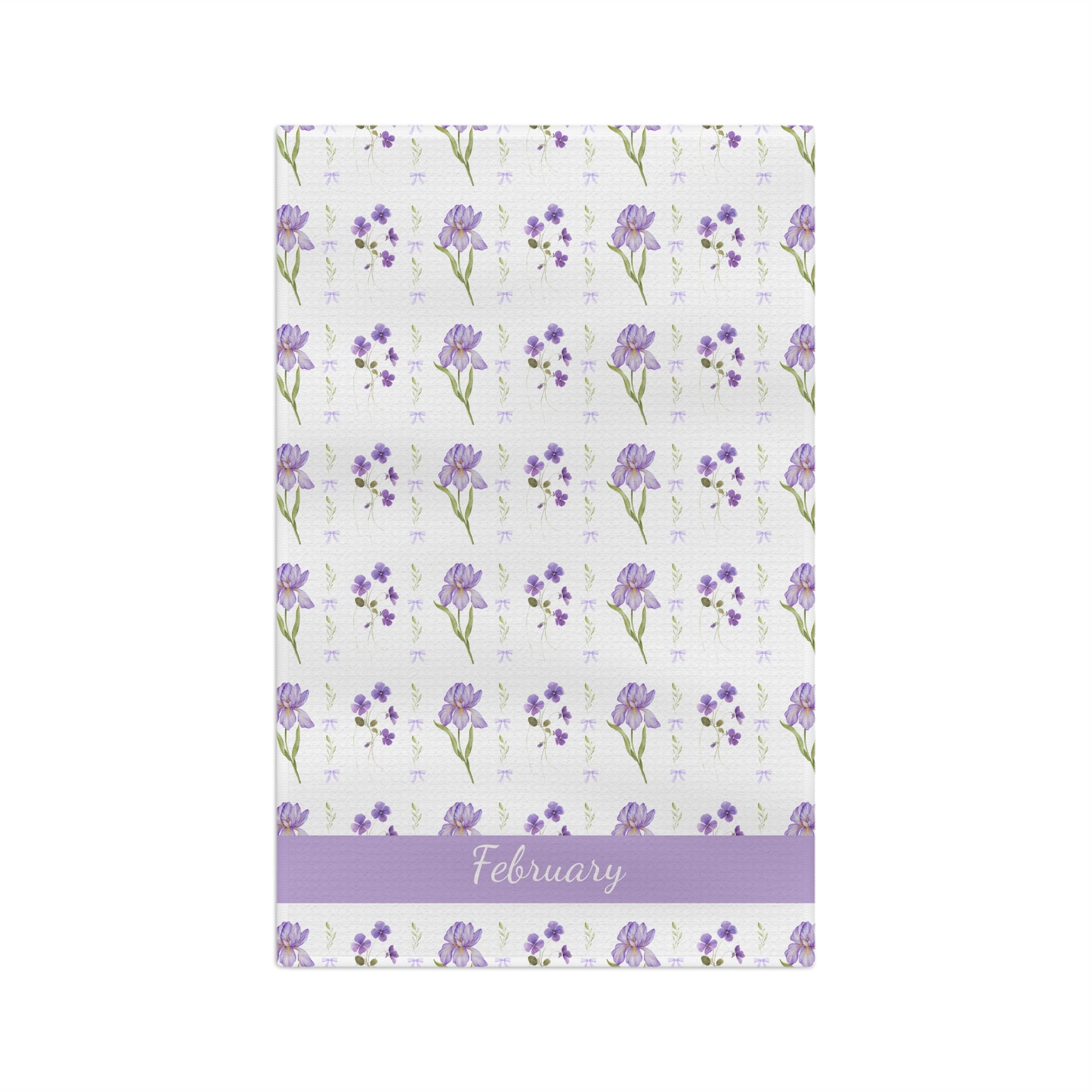 Microfiber tea towel with watercolor purple irises and violets, "February" in a lavender band.
