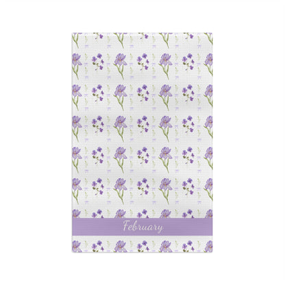 Microfiber tea towel with watercolor purple irises and violets, "February" in a lavender band.