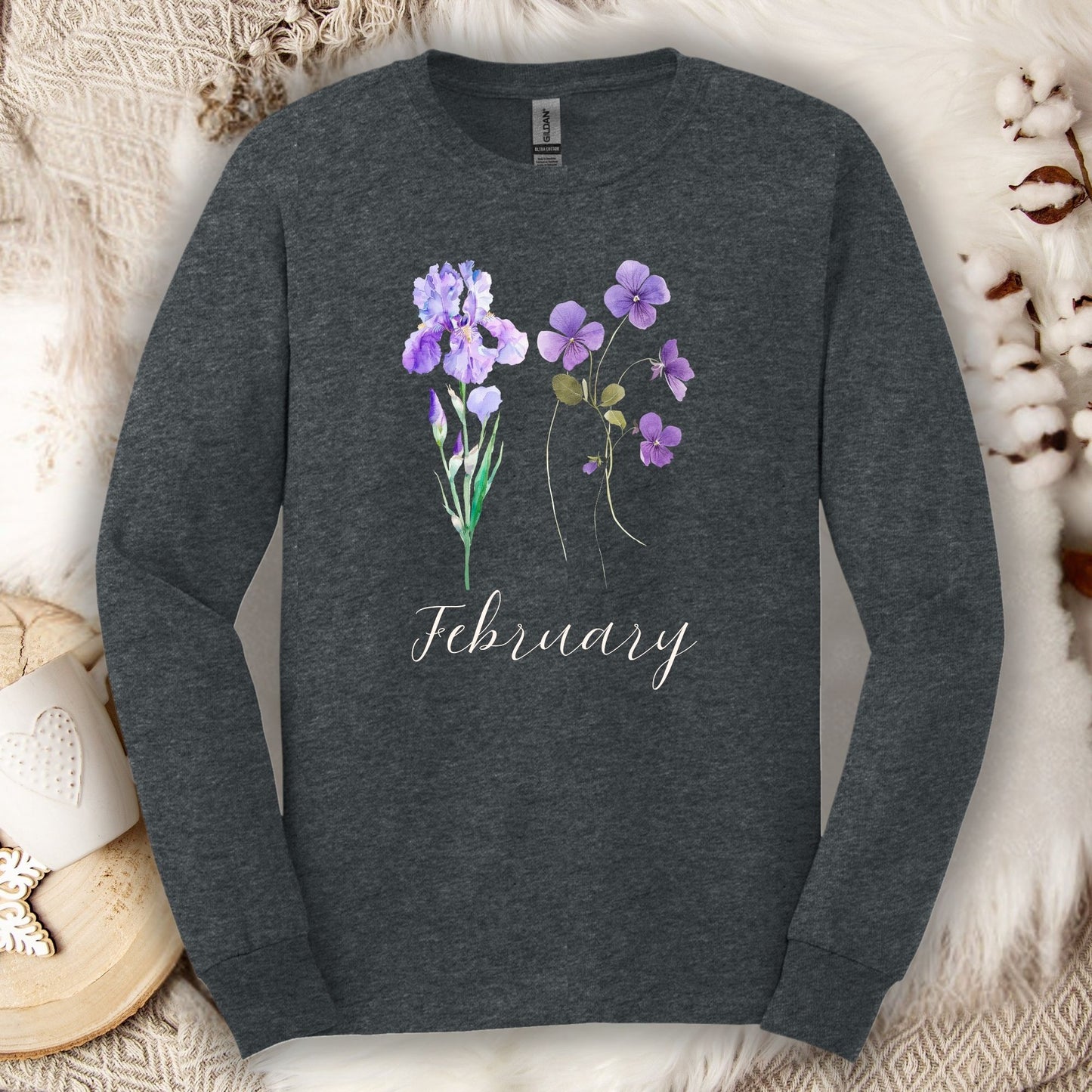 February Birth Month Flowers Long Sleeve Tee — Iris & Violet