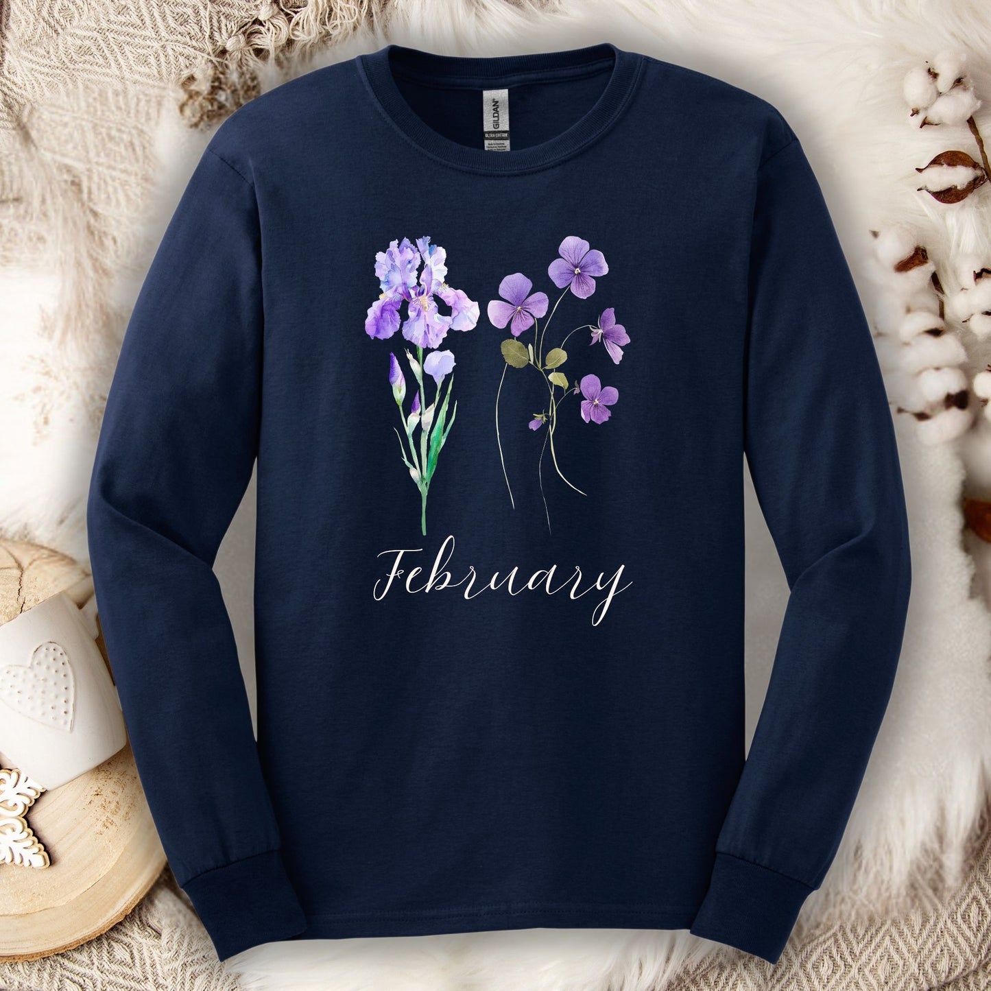 February Birth Month Flowers Long Sleeve Tee — Iris & Violet