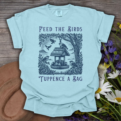 Chambray blue T-shirt with vintage-style "Feed the Birds" illustration of a bird feeder and finches.