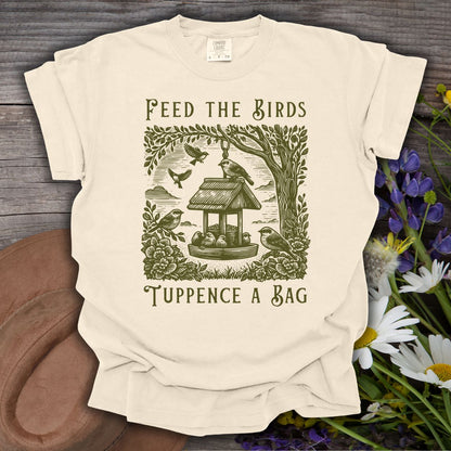 Ivory S unisex t-shirt with a vintage-style illustration of a bird feeder, finches, and sparrows.