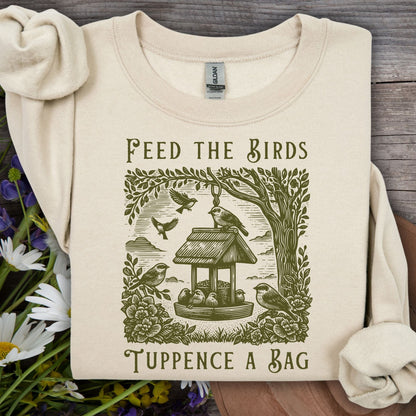 Sand vintage sweatshirt with "Feed the Birds, Tuppence a Bag" graphic featuring a bird feeder scene.