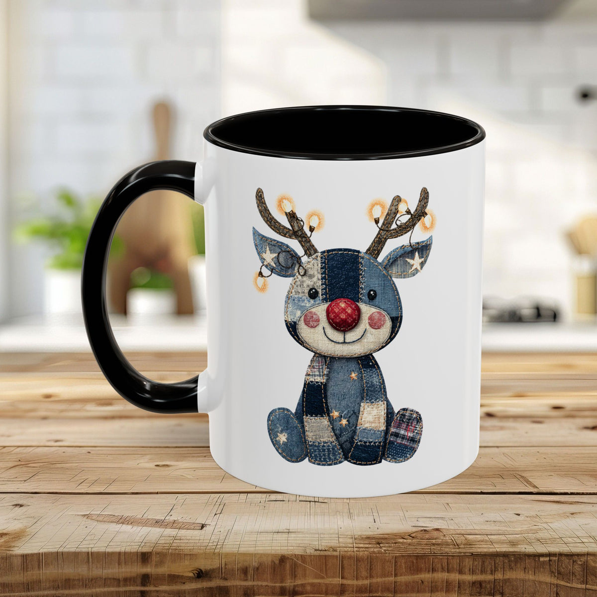 Festive Denim Patchwork Rudolph Mug (11/15oz)