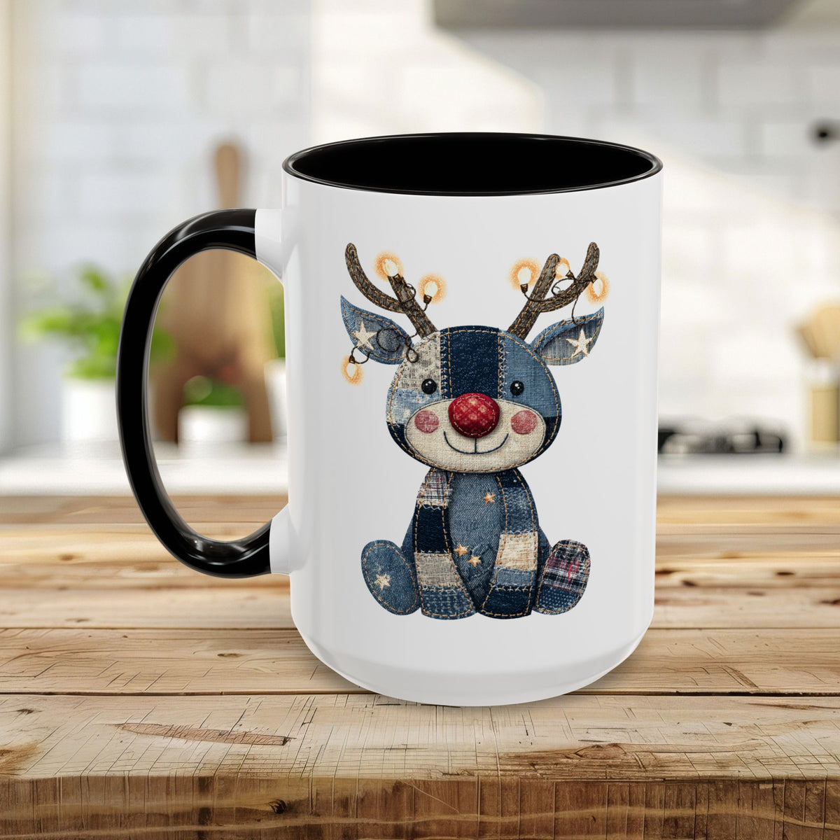 Festive Denim Patchwork Rudolph Mug (11/15oz)