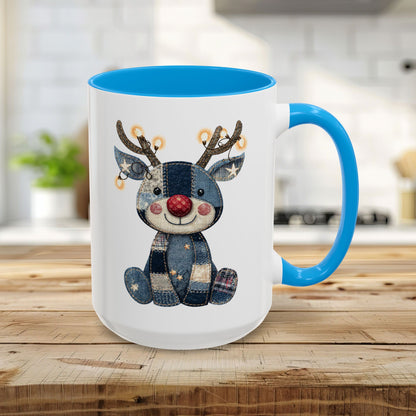 Festive Denim Patchwork Rudolph Mug (11/15oz)