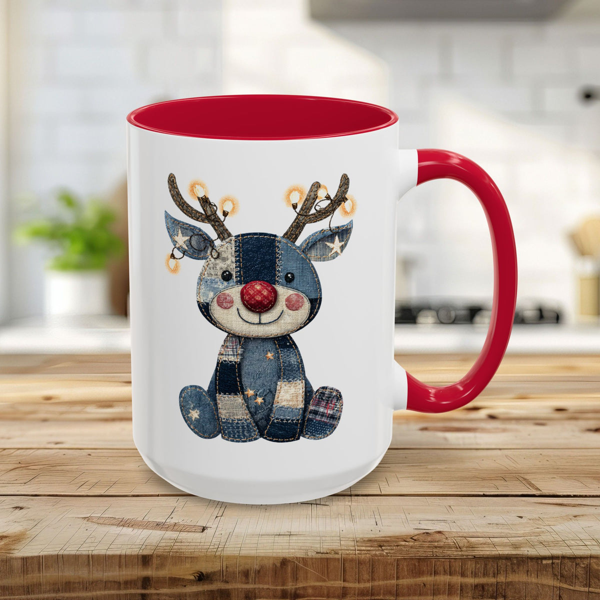 Festive Denim Patchwork Rudolph Mug (11/15oz)