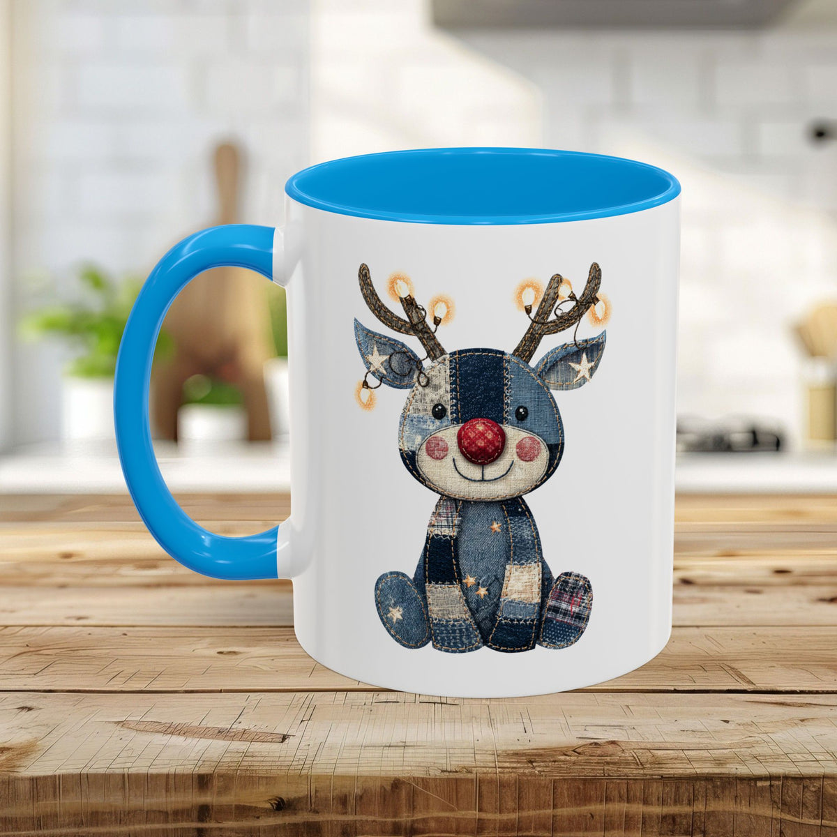 Festive Denim Patchwork Rudolph Mug (11/15oz)