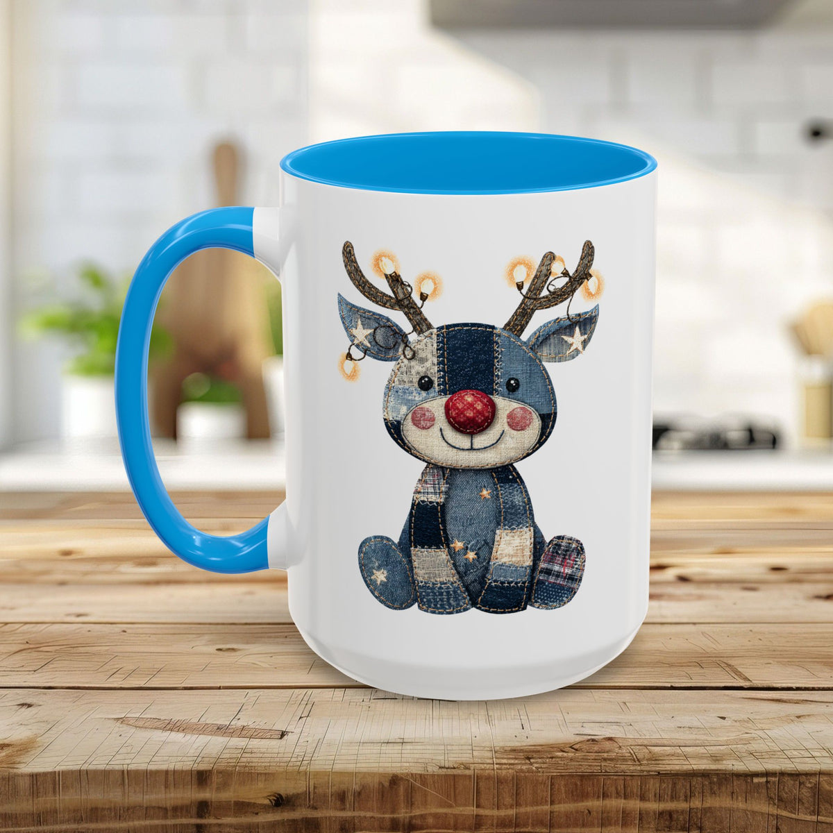 Festive Denim Patchwork Rudolph Mug (11/15oz)