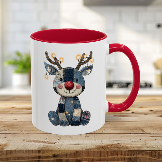 Festive Denim Patchwork Rudolph Mug (11oz & 15oz)