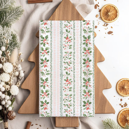 Festive Holly Berries & Pink Foliage Tea Towel
