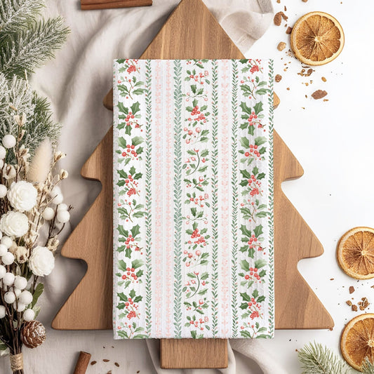Festive Holly Berries & Pink Foliage Tea Towel