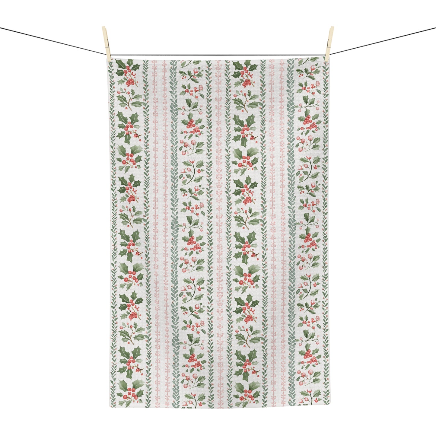 Festive Holly Berries & Pink Foliage Tea Towel