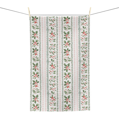 Festive Holly Berries & Pink Foliage Tea Towel