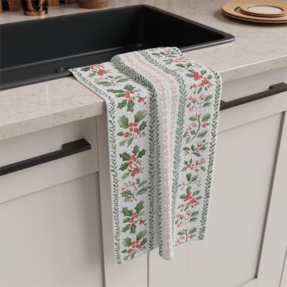 Festive Holly Berries & Pink Foliage Tea Towel